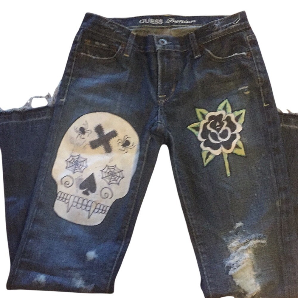 Guess Premium Jeans Womens 26 Skull Rose Spiderweb Distressed Blue Denim